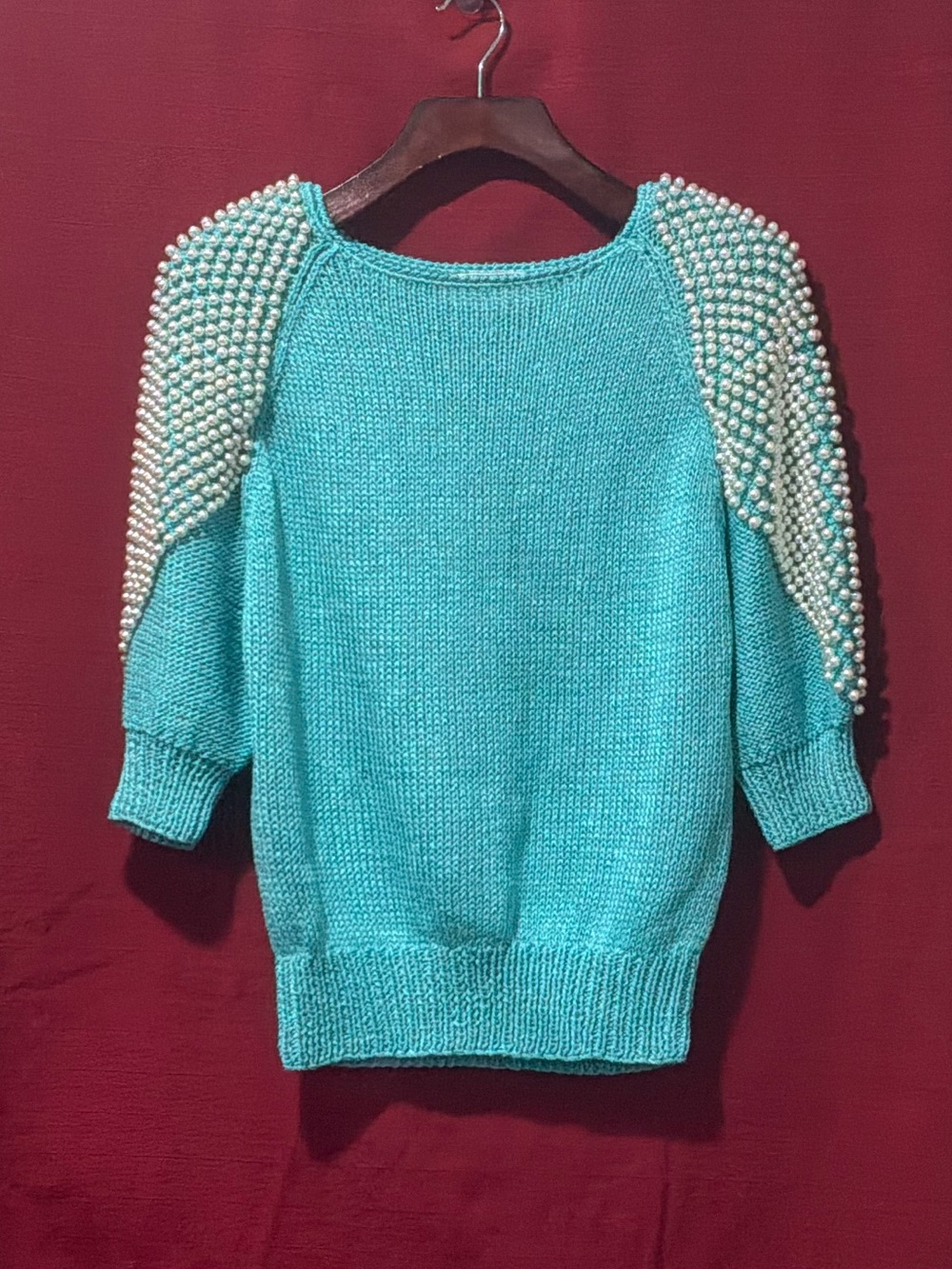 Turquoise Pearl-Embellished y2k Women's Sweater hand knit